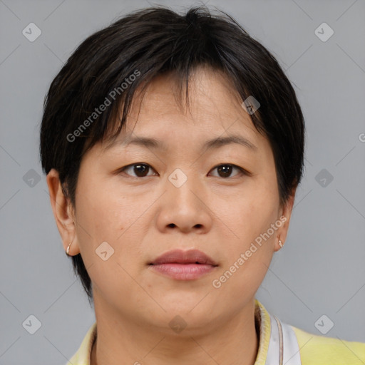 Neutral asian adult female with medium  brown hair and brown eyes