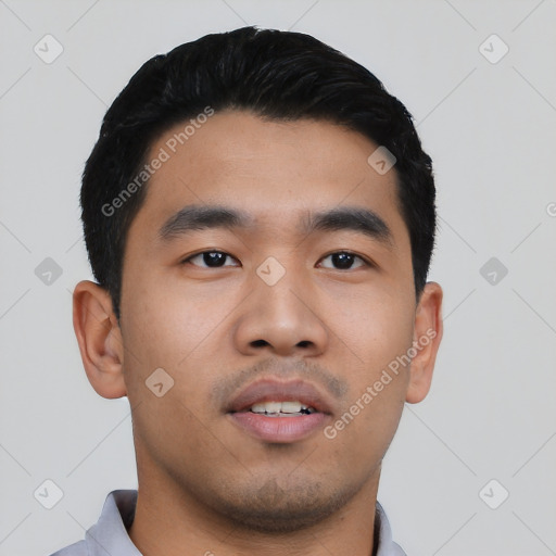 Neutral asian young-adult male with short  black hair and brown eyes