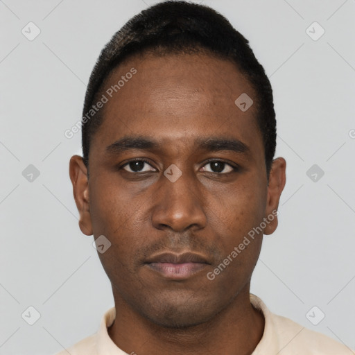 Neutral black young-adult male with short  black hair and brown eyes