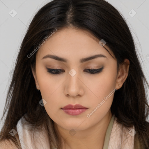 Neutral asian young-adult female with long  brown hair and brown eyes