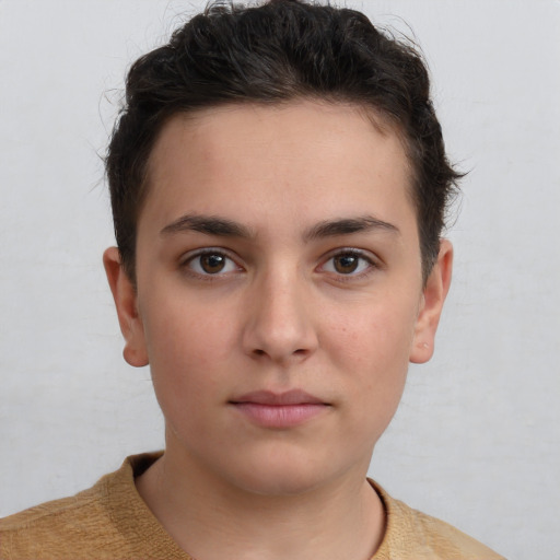 Neutral white young-adult female with short  brown hair and brown eyes