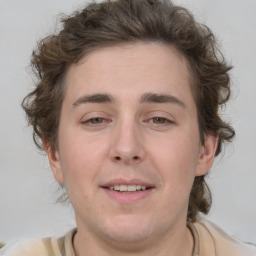 Joyful white young-adult male with medium  brown hair and brown eyes