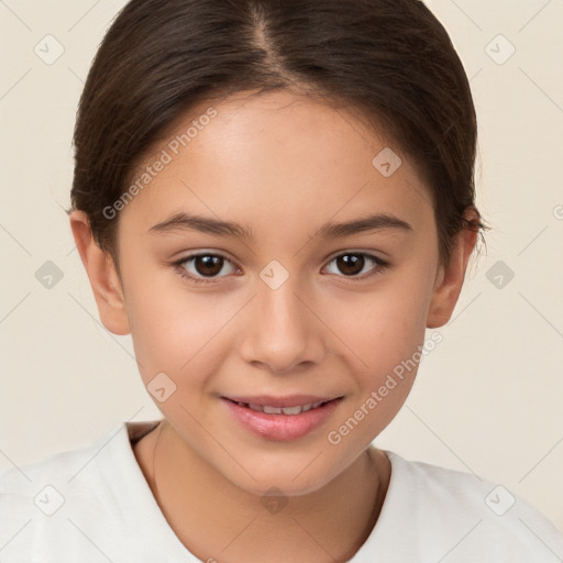 Joyful white child female with short  brown hair and brown eyes