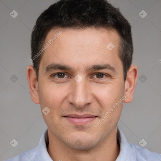 Joyful white young-adult male with short  brown hair and brown eyes