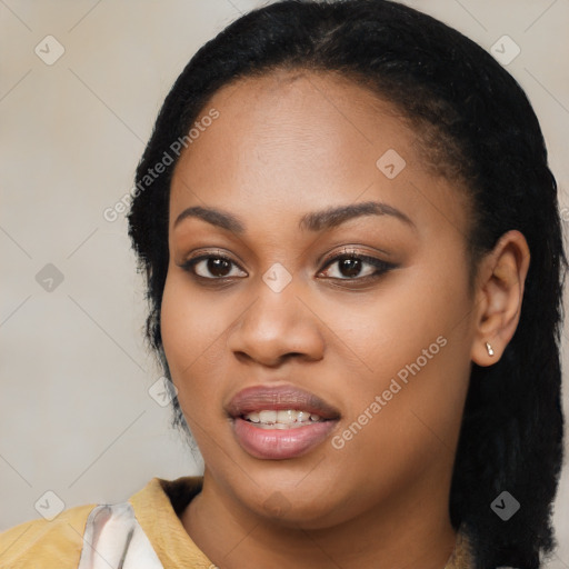 Joyful latino young-adult female with long  black hair and brown eyes