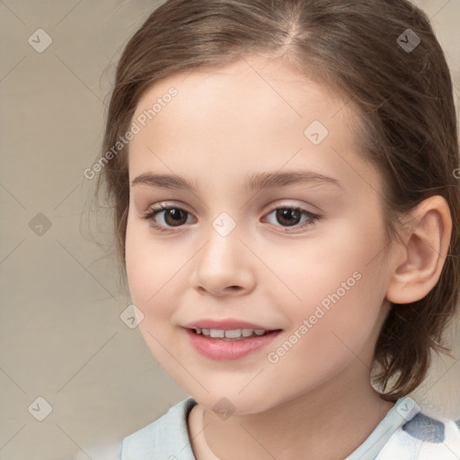 Joyful white child female with medium  brown hair and brown eyes