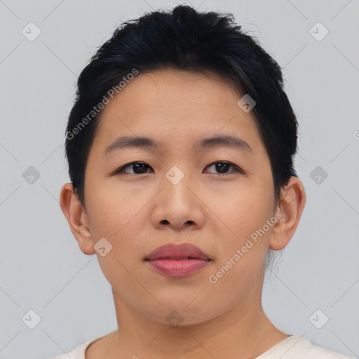 Neutral asian young-adult female with short  black hair and brown eyes