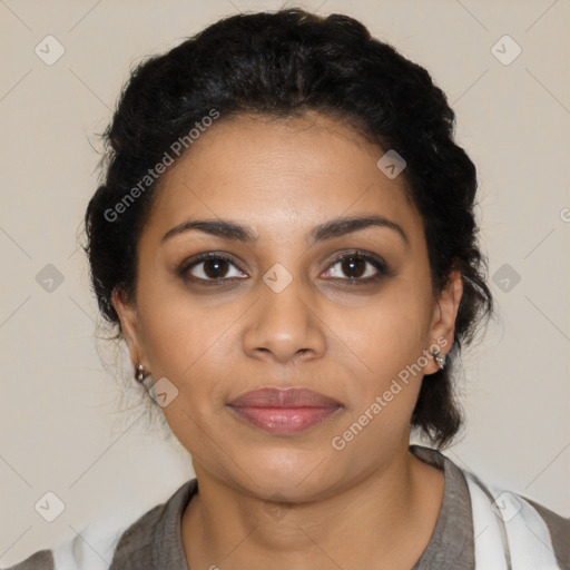 Joyful latino young-adult female with medium  black hair and brown eyes