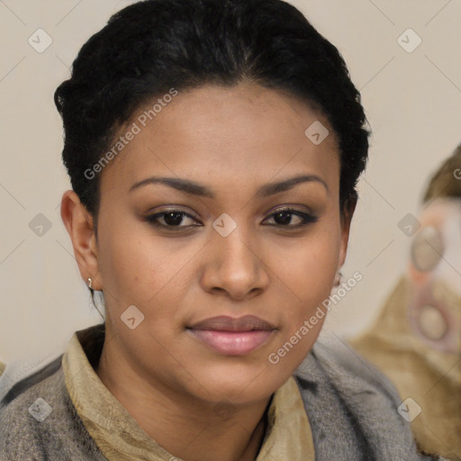 Joyful latino young-adult female with short  black hair and brown eyes