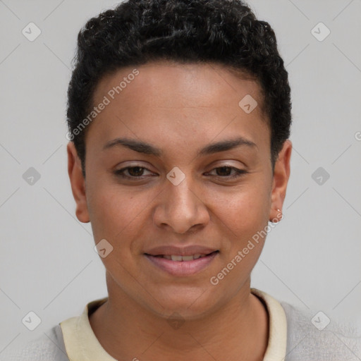 Joyful latino young-adult female with short  brown hair and brown eyes