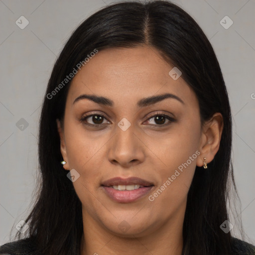 Joyful latino young-adult female with long  brown hair and brown eyes