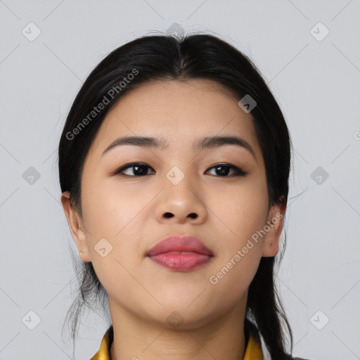 Neutral asian young-adult female with long  brown hair and brown eyes