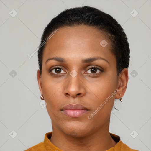 Neutral black young-adult female with short  black hair and brown eyes