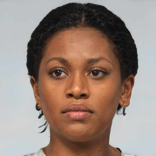 Neutral black young-adult female with short  brown hair and brown eyes