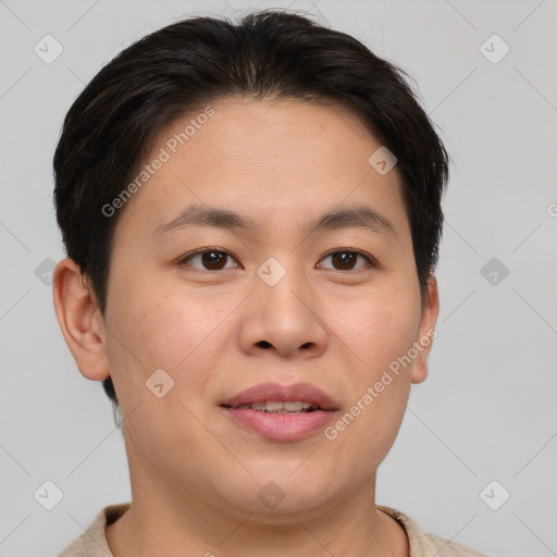 Joyful asian young-adult male with short  brown hair and brown eyes