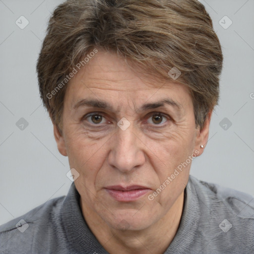 Joyful white middle-aged male with short  brown hair and brown eyes