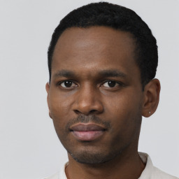 Neutral black young-adult male with short  black hair and brown eyes