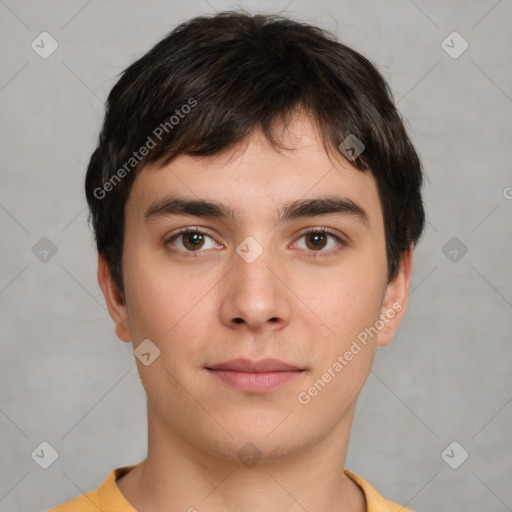 Neutral white young-adult male with short  brown hair and brown eyes