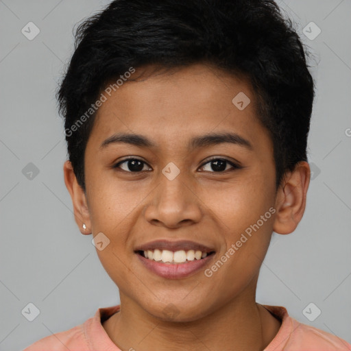 Joyful latino young-adult female with short  brown hair and brown eyes