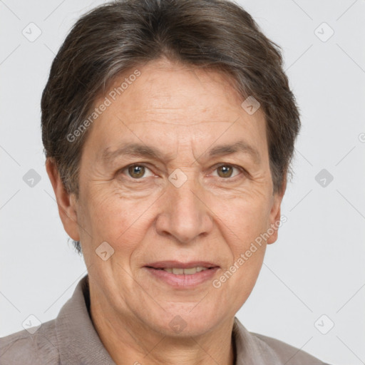 Joyful white middle-aged male with short  brown hair and brown eyes