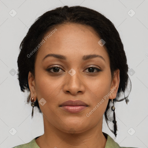 Joyful latino young-adult female with short  brown hair and brown eyes