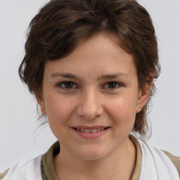 Joyful white child female with medium  brown hair and brown eyes