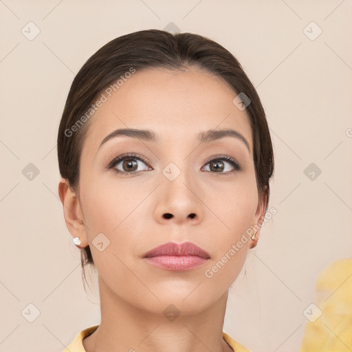 Neutral white young-adult female with medium  brown hair and brown eyes