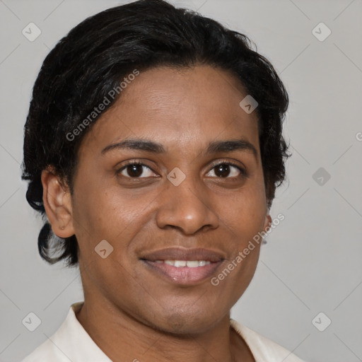 Joyful latino young-adult female with short  brown hair and brown eyes