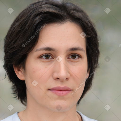 Neutral white young-adult female with medium  brown hair and brown eyes