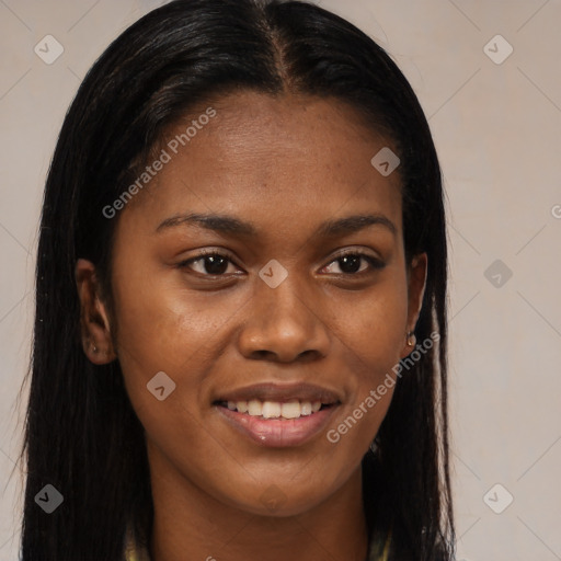 Joyful black young-adult female with long  brown hair and brown eyes