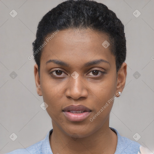 Joyful latino young-adult female with short  black hair and brown eyes