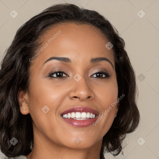 Joyful latino young-adult female with medium  brown hair and brown eyes