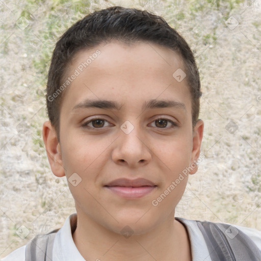 Joyful white child female with short  brown hair and brown eyes