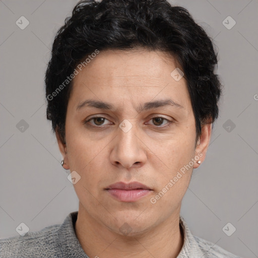 Joyful white adult female with short  brown hair and brown eyes