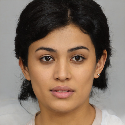 Neutral asian young-adult female with medium  black hair and brown eyes