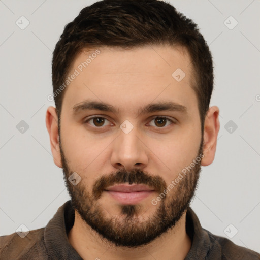 Neutral white young-adult male with short  brown hair and brown eyes