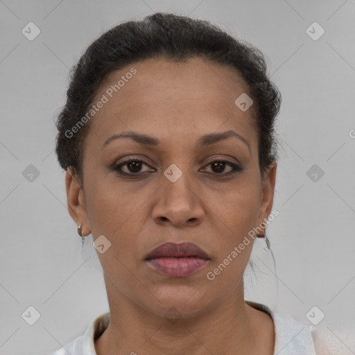 Joyful black adult female with short  brown hair and brown eyes