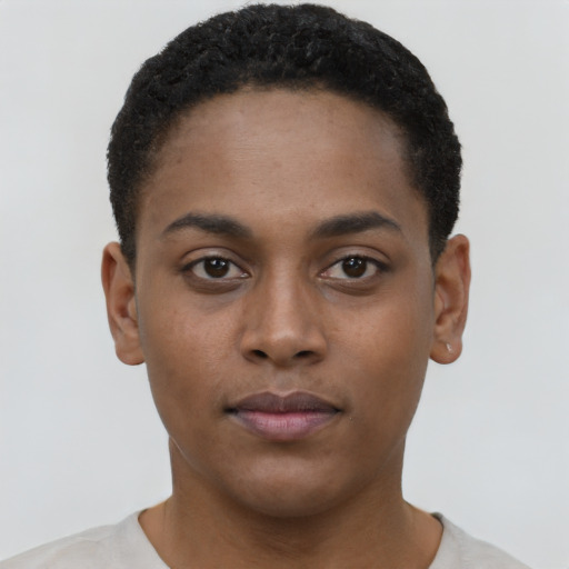 Neutral black young-adult male with short  black hair and brown eyes