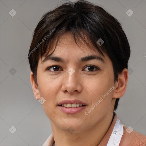 Joyful white young-adult female with short  brown hair and brown eyes