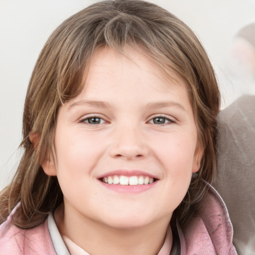 Joyful white child female with medium  brown hair and grey eyes