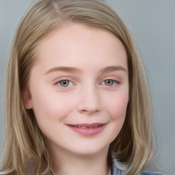 Joyful white child female with medium  brown hair and grey eyes