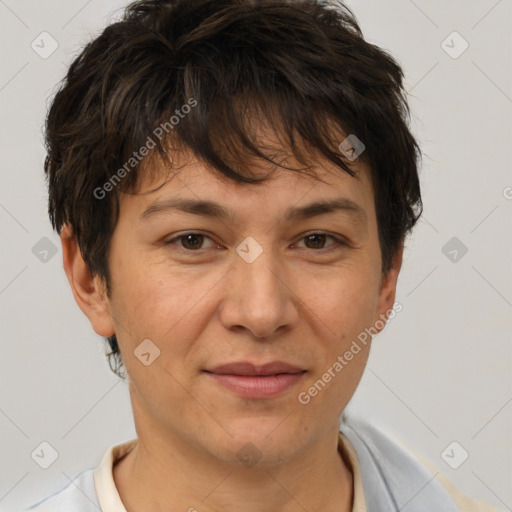 Joyful white adult female with short  brown hair and brown eyes