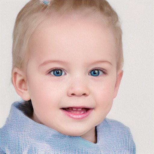 Joyful white child female with short  brown hair and blue eyes