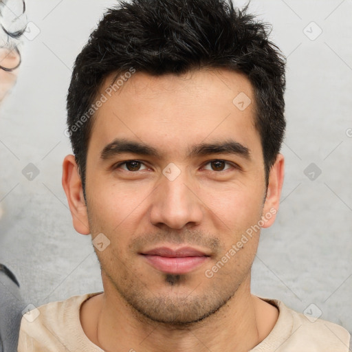 Joyful white young-adult male with short  black hair and brown eyes