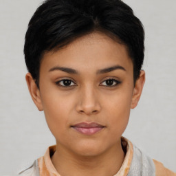 Neutral asian young-adult female with short  brown hair and brown eyes