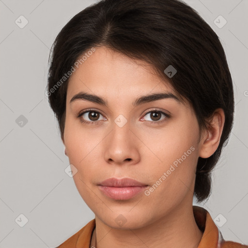 Neutral white young-adult female with medium  brown hair and brown eyes