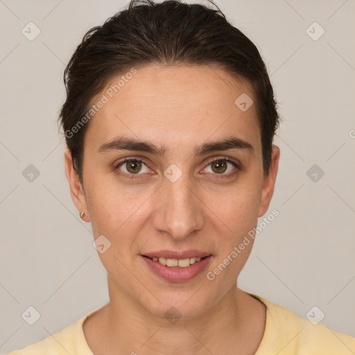 Joyful white young-adult female with short  brown hair and brown eyes