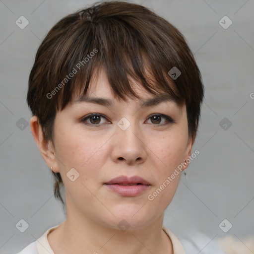 Neutral white young-adult female with medium  brown hair and brown eyes