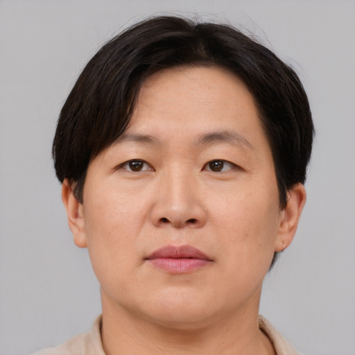 Neutral asian adult male with short  brown hair and brown eyes