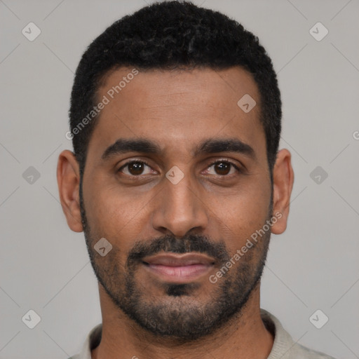Neutral black young-adult male with short  black hair and brown eyes